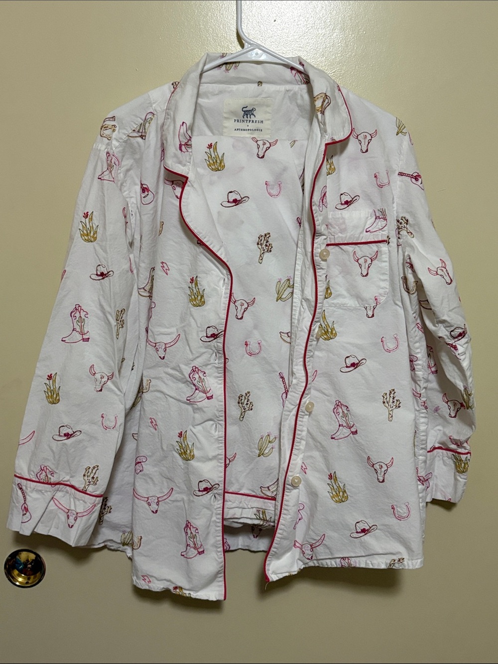 Printfresh + Anthropologie White Cotton Pajama Top with Pink & Gold Western
